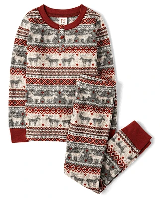 Kids Matching Family Moose Fairisle Thermal Henley Pajamas