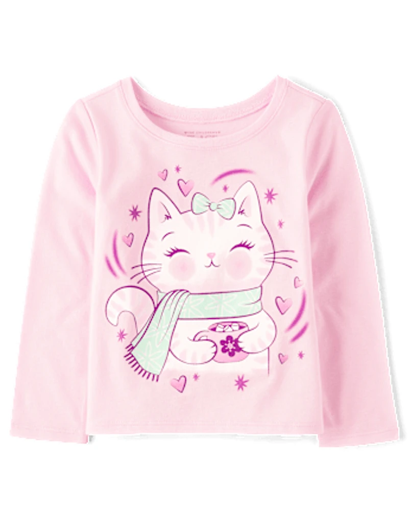 Baby And Toddler Girls Cat Hot Cocoa Graphic Tee