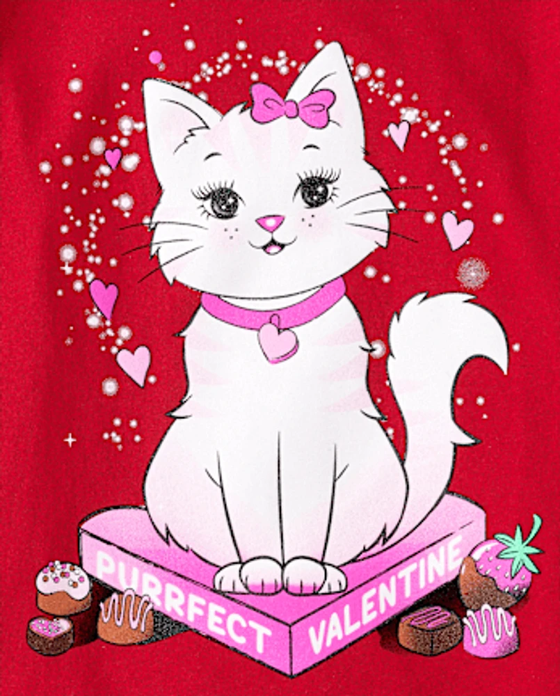 Girls Valentine's Day Cat Graphic Tee