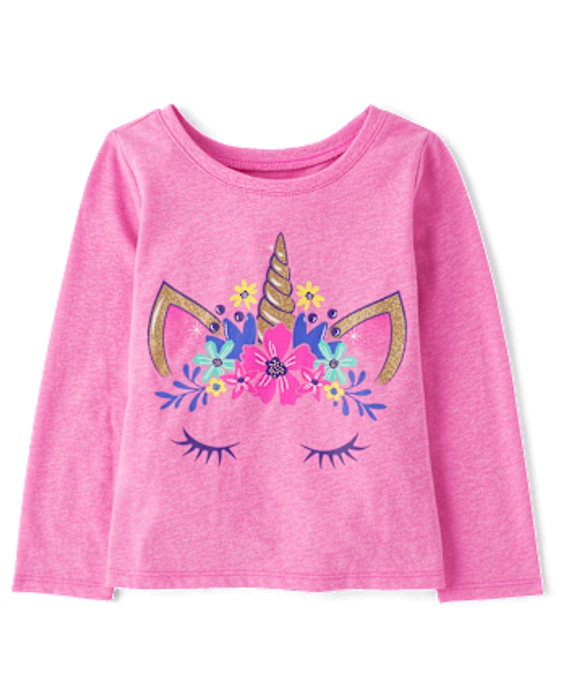 Baby And Toddler Girls Unicorn Face Graphic Tee