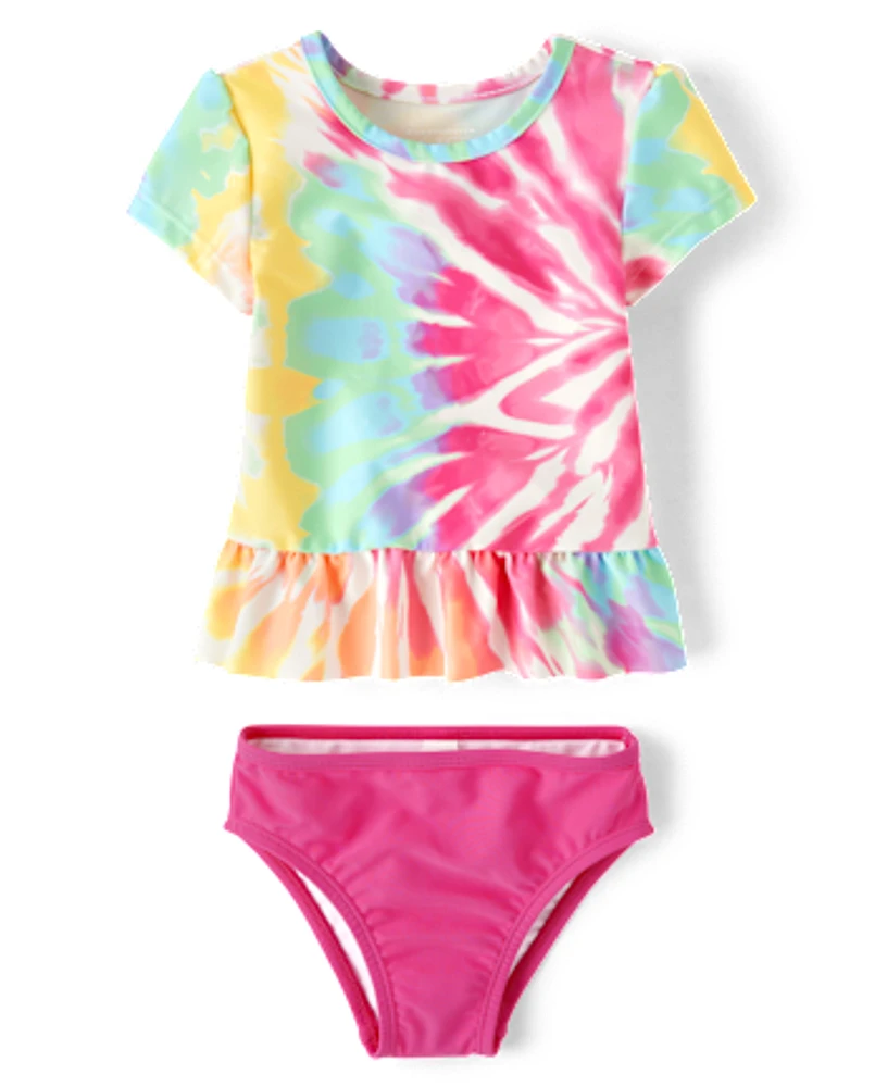 Baby And Toddler Girls Rainbow Tie Dye Peplum Rashguard Swimsuit