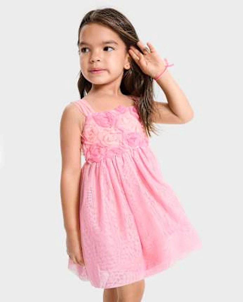 Baby And Toddler Girls 3D Rosette Mesh Fit Flare Dress