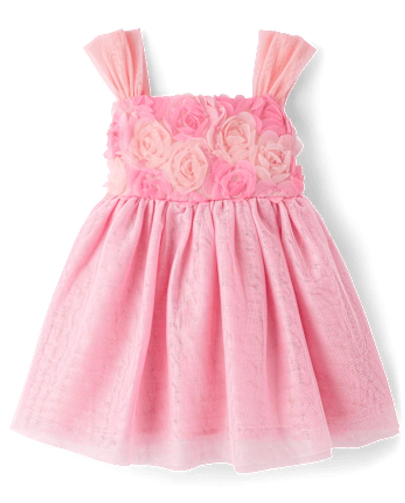 Baby And Toddler Girls 3D Rosette Mesh Fit Flare Dress