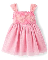 Baby And Toddler Girls 3D Rosette Mesh Fit Flare Dress