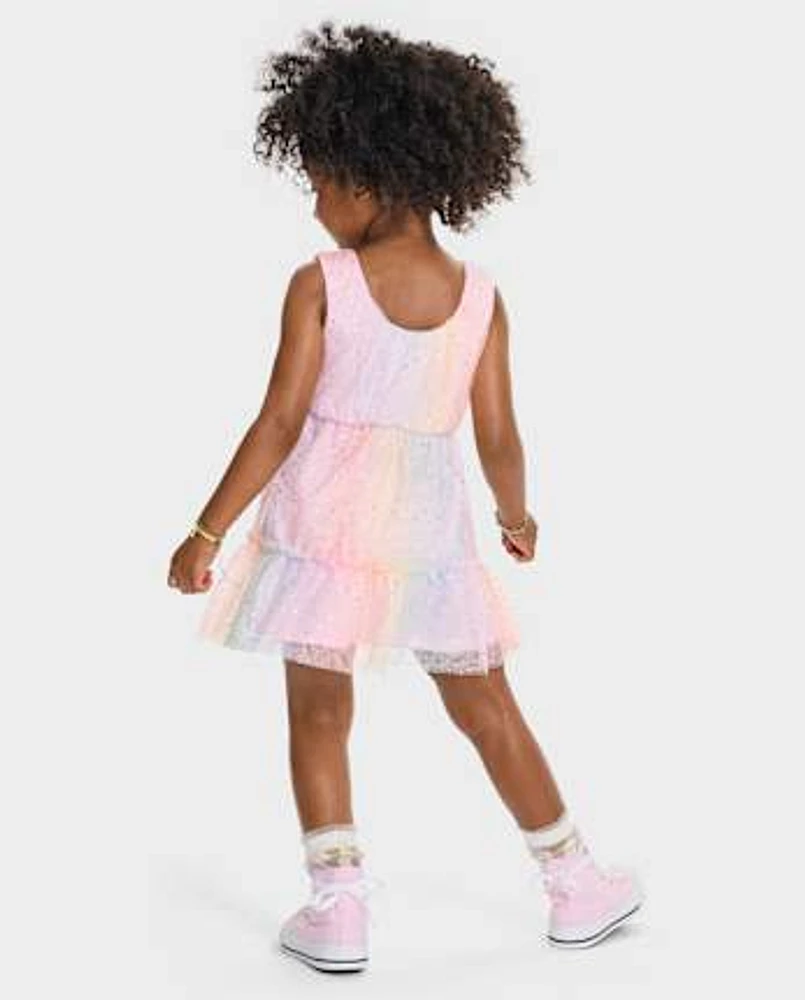 Toddler Girls Rainbow Shimmer Mesh Tiered Dress