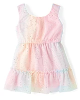 Toddler Girls Rainbow Shimmer Mesh Tiered Dress