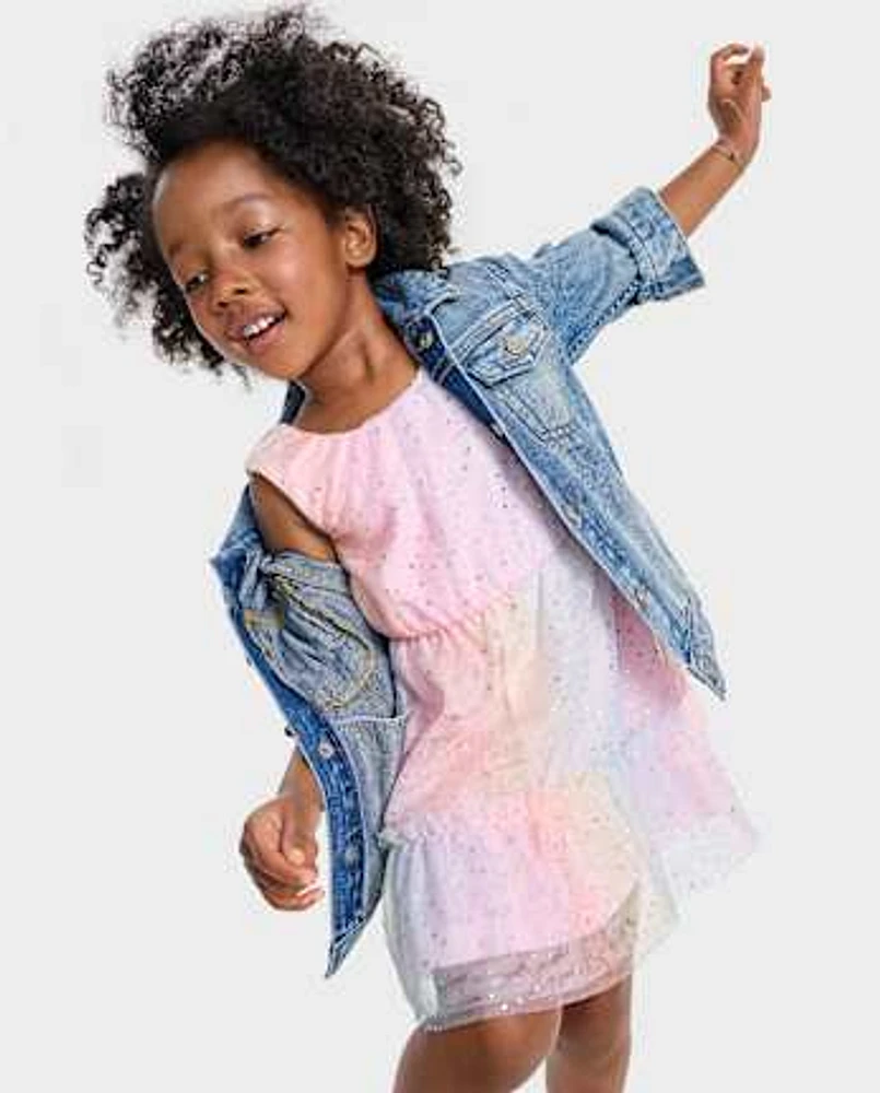 Toddler Girls Rainbow Shimmer Mesh Tiered Dress