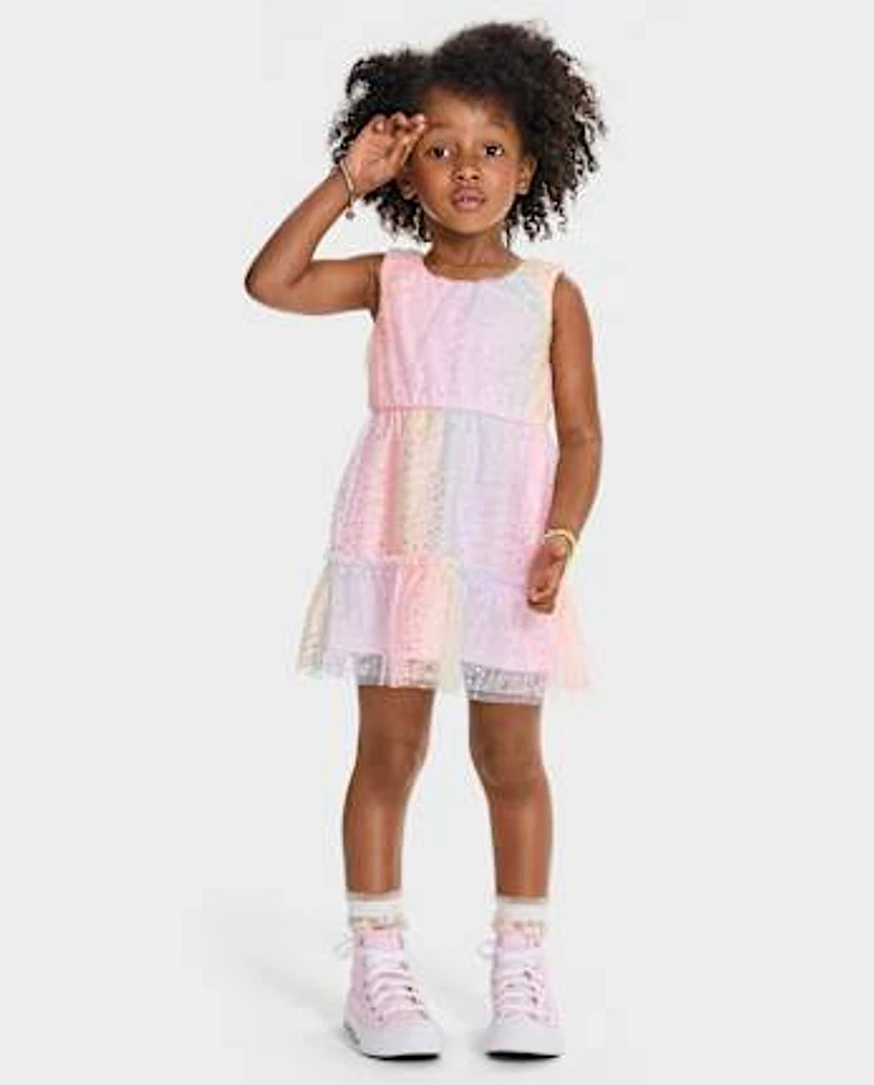 Toddler Girls Rainbow Shimmer Mesh Tiered Dress