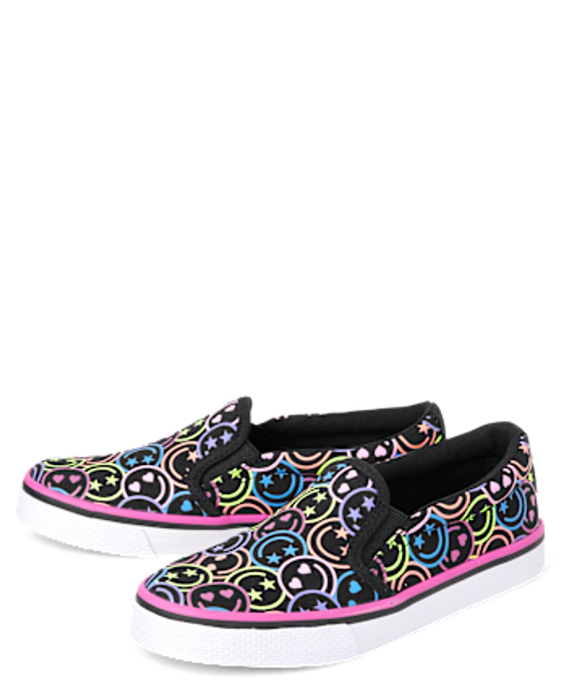 Girls Rainbow Happy Face Slip On Sneakers