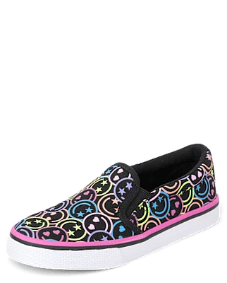 Girls Rainbow Happy Face Slip On Sneakers