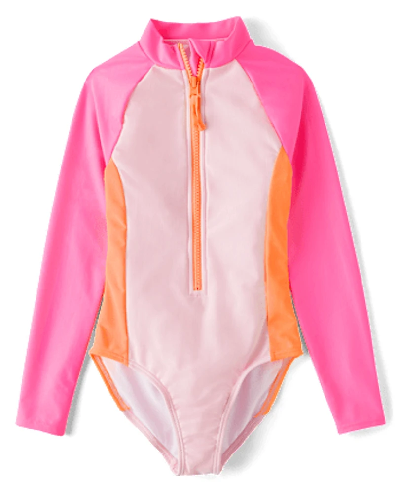 Girls Colorblock Rashguard One Piece Swimsuit