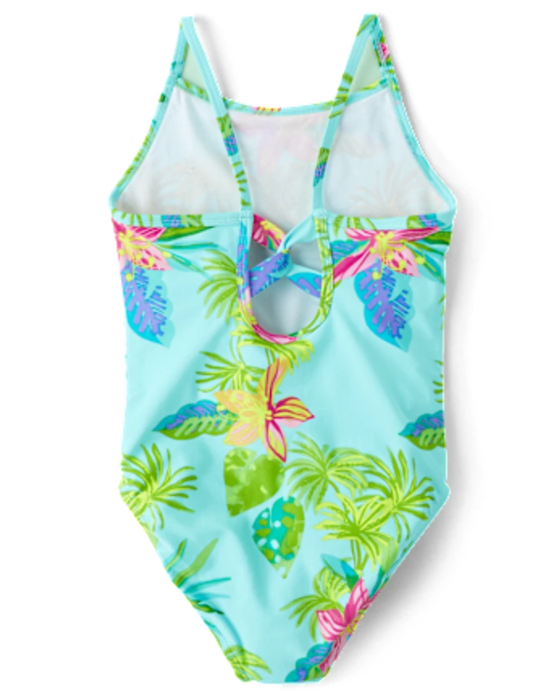 Girls Print Cross Back One Piece Swimsuit