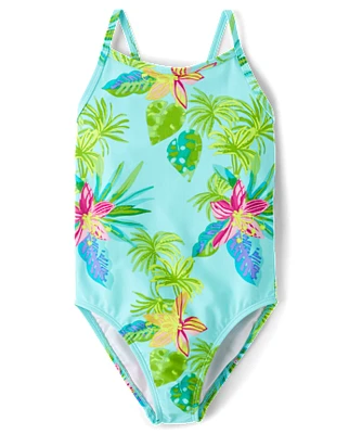 Girls Print Cross Back One Piece Swimsuit