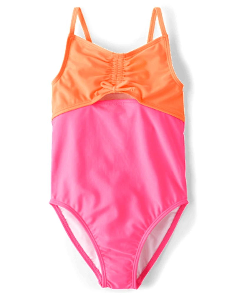 Girls Colorblock Ruched Cut-Out One Piece Swimsuit