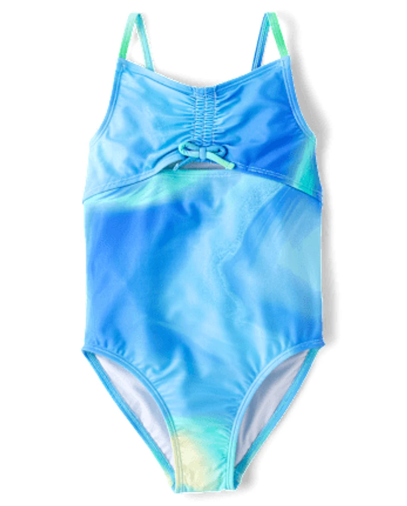 Girls Marble Ruched Cut-Out One Piece Swimsuit