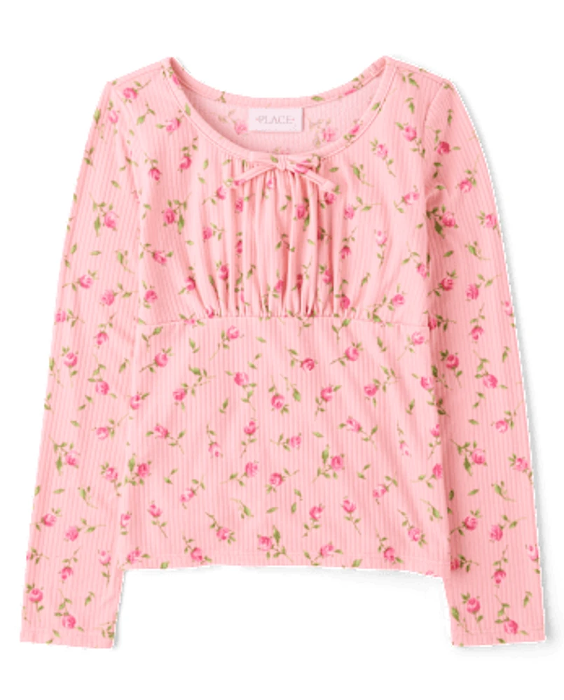 Girls Floral Ribbed Top