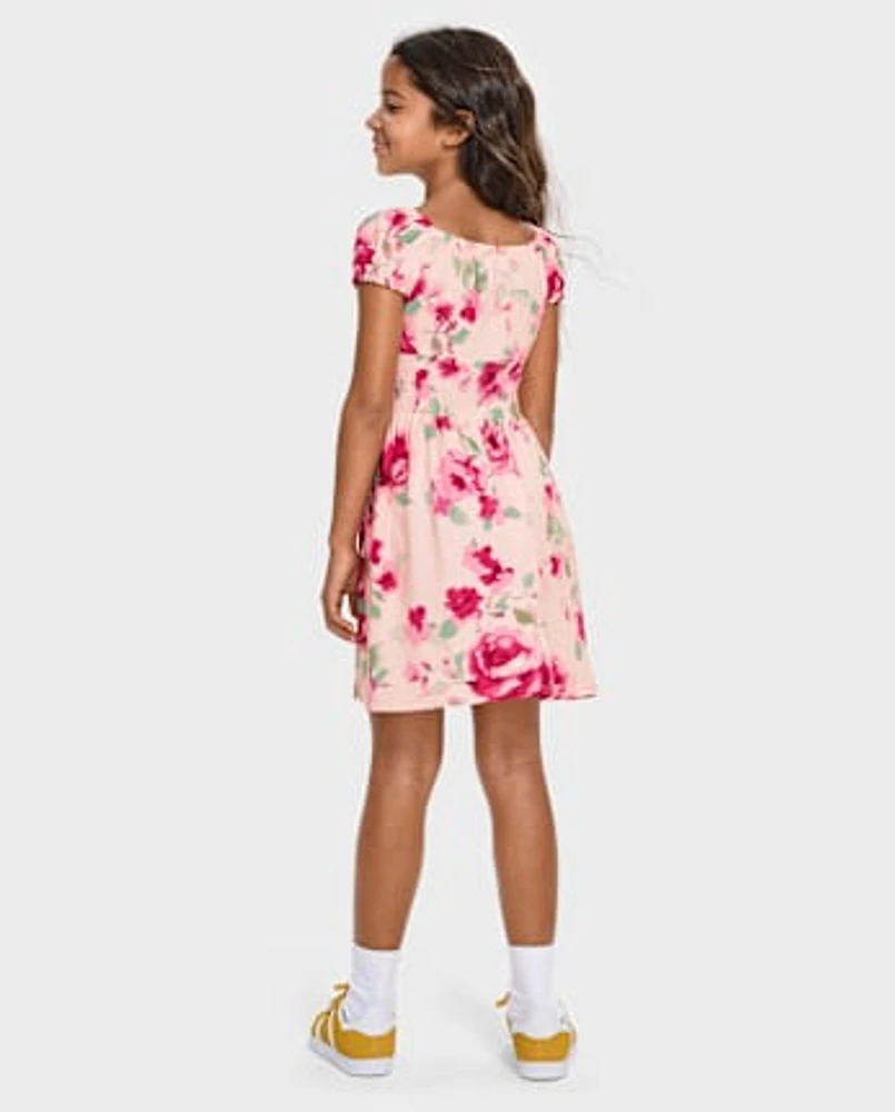 Girls Floral Smocked Dress