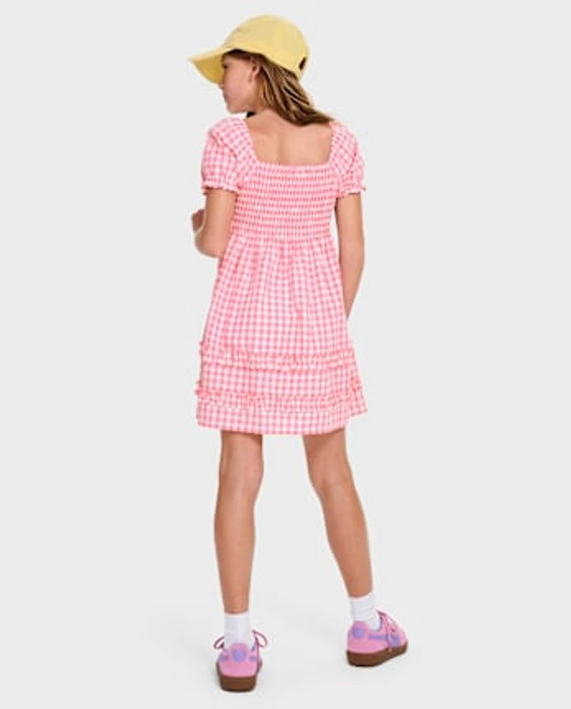 Girls Mommy And Me Gingham Poplin Smocked Ruffle Dress