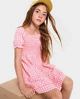 Girls Mommy And Me Gingham Poplin Smocked Ruffle Dress