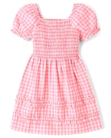 Girls Mommy And Me Gingham Poplin Smocked Ruffle Dress