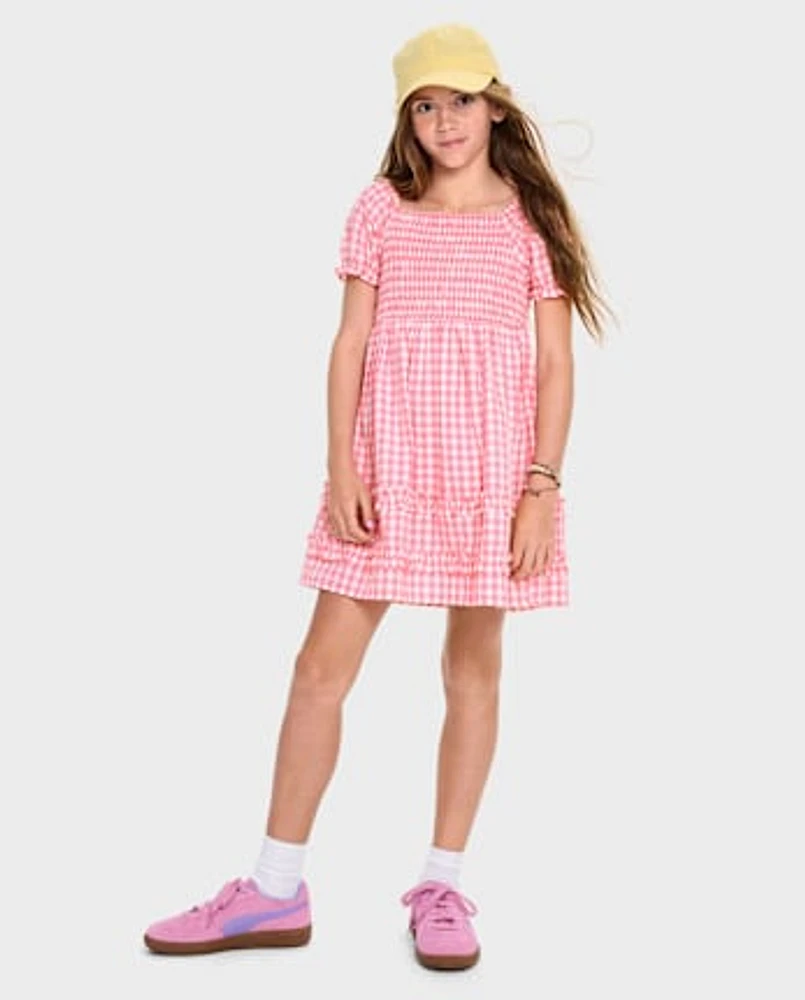 Girls Mommy And Me Gingham Poplin Smocked Ruffle Dress