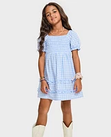 Girls Mommy And Me Gingham Poplin Smocked Ruffle Dress