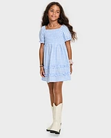 Girls Mommy And Me Gingham Poplin Smocked Ruffle Dress