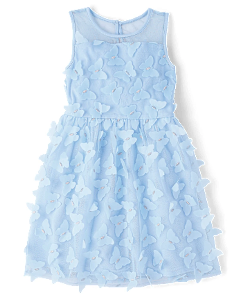 Girls 3D Butterfly Mesh Fit And Flare Dress