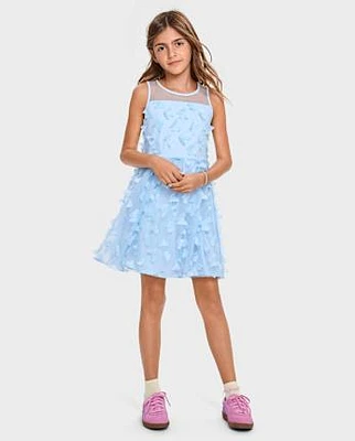 Girls 3D Butterfly Mesh Fit And Flare Dress