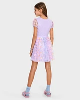 Girls 3D Flower Mesh Fit And Flare Dress