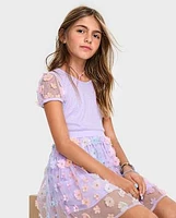 Girls 3D Flower Mesh Fit And Flare Dress