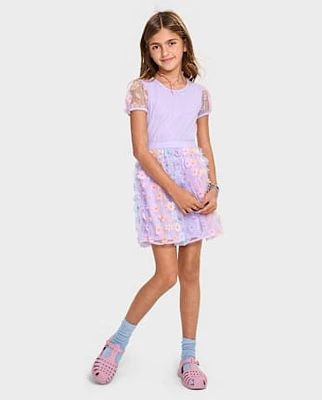 Girls 3D Flower Mesh Fit And Flare Dress