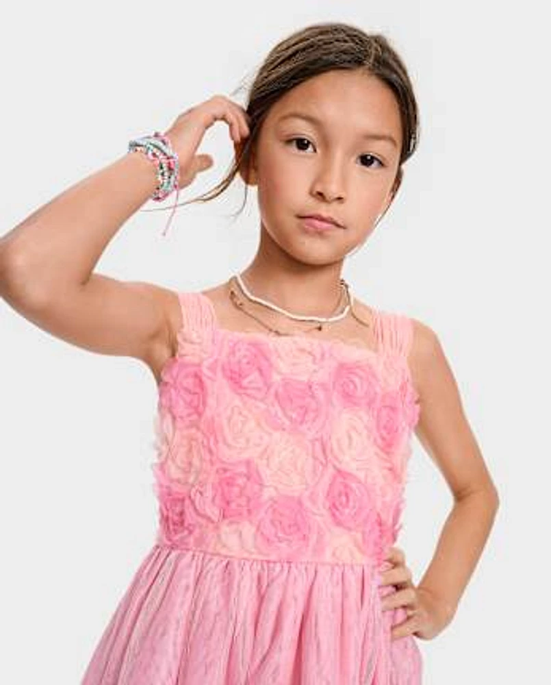 Girls 3D Rosette Mesh Fit And Flare Dress