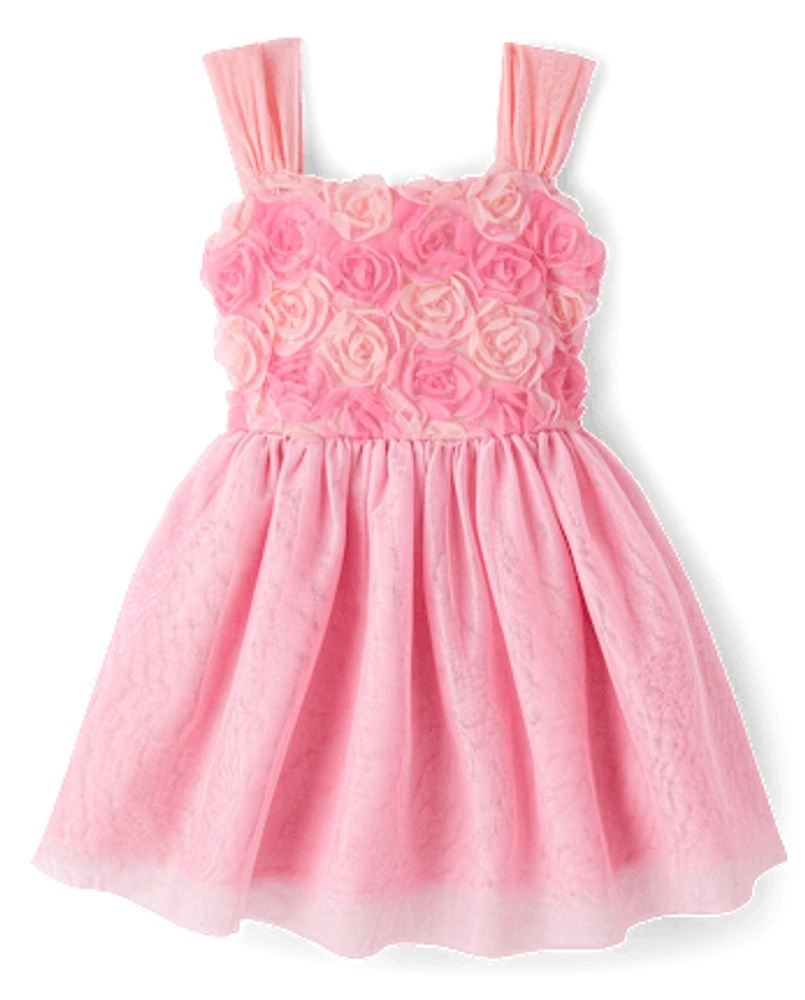 Girls 3D Rosette Mesh Fit And Flare Dress