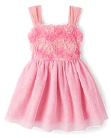 Girls 3D Rosette Mesh Fit And Flare Dress