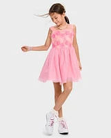 Girls 3D Rosette Mesh Fit And Flare Dress