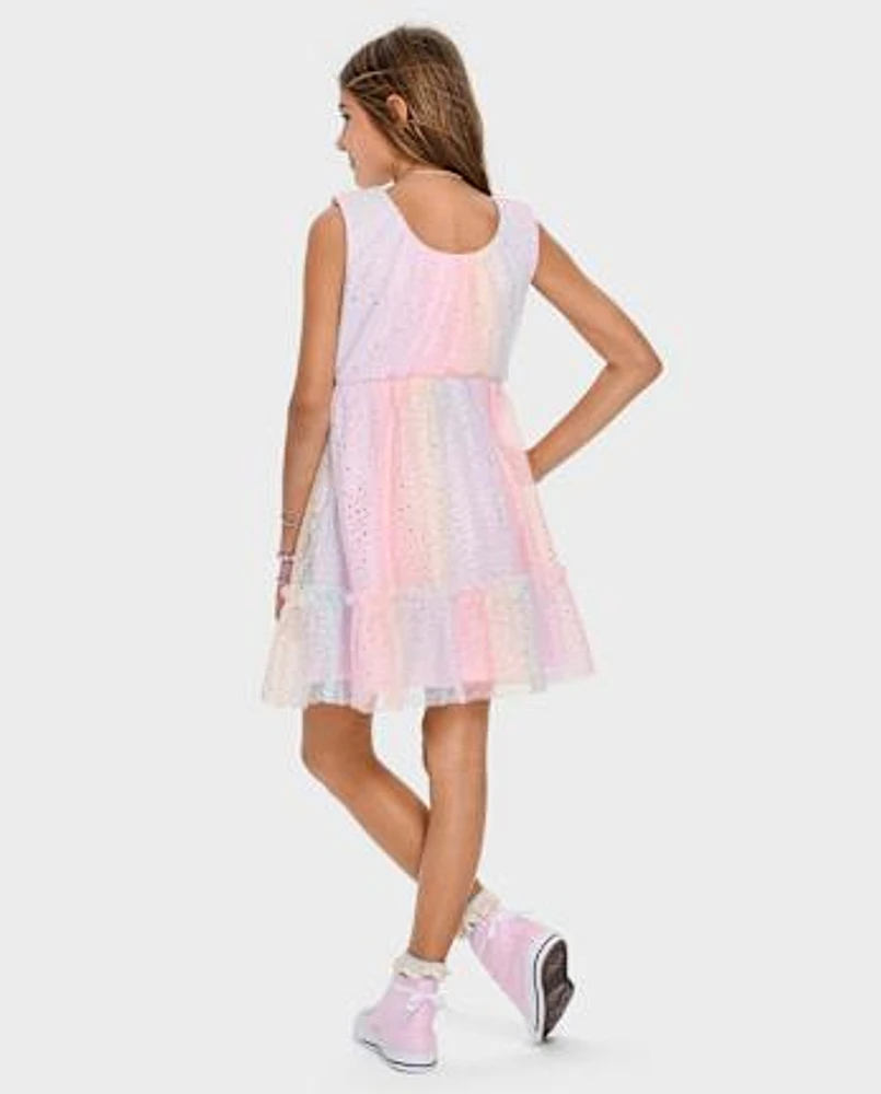 Girls Rainbow Shimmer Mesh Ruffle Dress