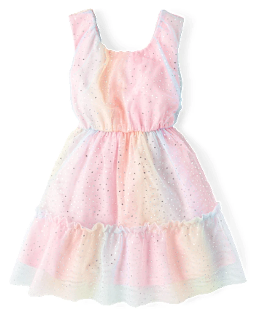 Girls Rainbow Shimmer Mesh Ruffle Dress