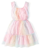 Girls Rainbow Shimmer Mesh Ruffle Dress