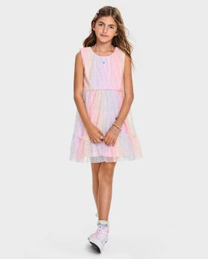 Girls Rainbow Shimmer Mesh Ruffle Dress