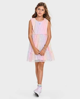 Girls Rainbow Shimmer Mesh Ruffle Dress