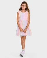 Girls Rainbow Shimmer Mesh Ruffle Dress