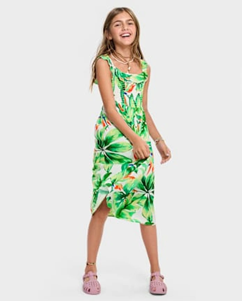 Girls Matching Family Tropical Midi Smocked Dress