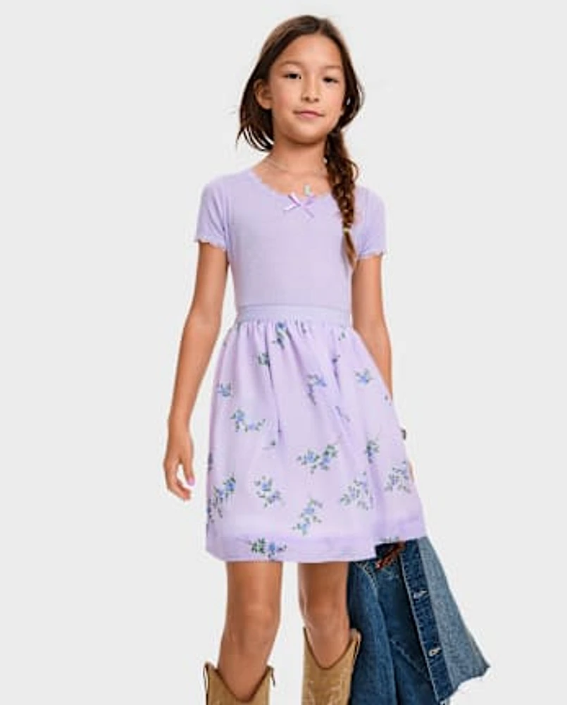 Girls Floral Ribbed Fit And Flare Dress