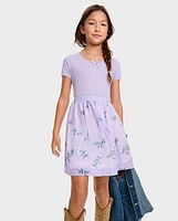 Girls Floral Ribbed Fit And Flare Dress