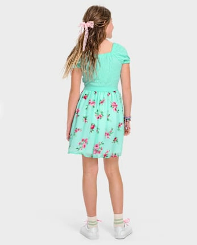 Girls Floral Smocked Fit And Flare Dress