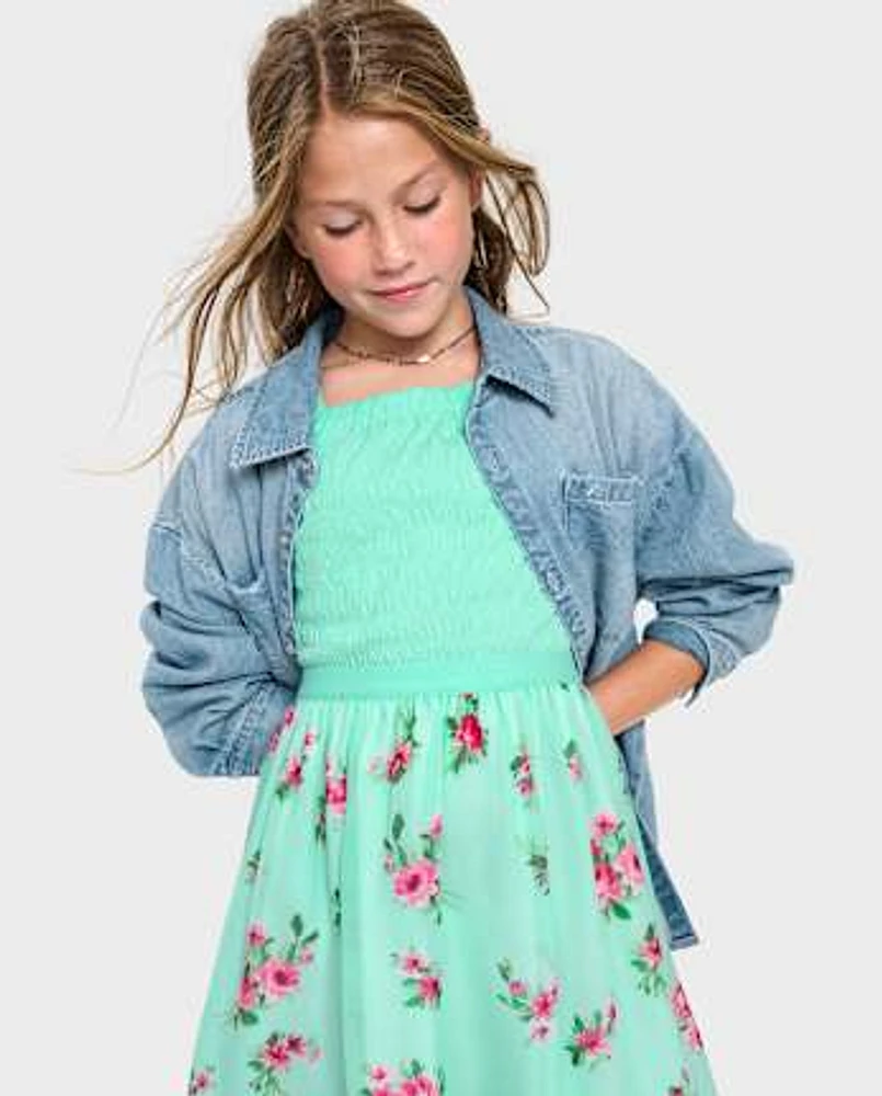 Girls Floral Smocked Fit And Flare Dress