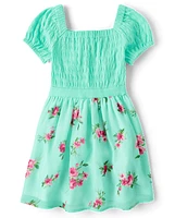 Girls Floral Smocked Fit And Flare Dress