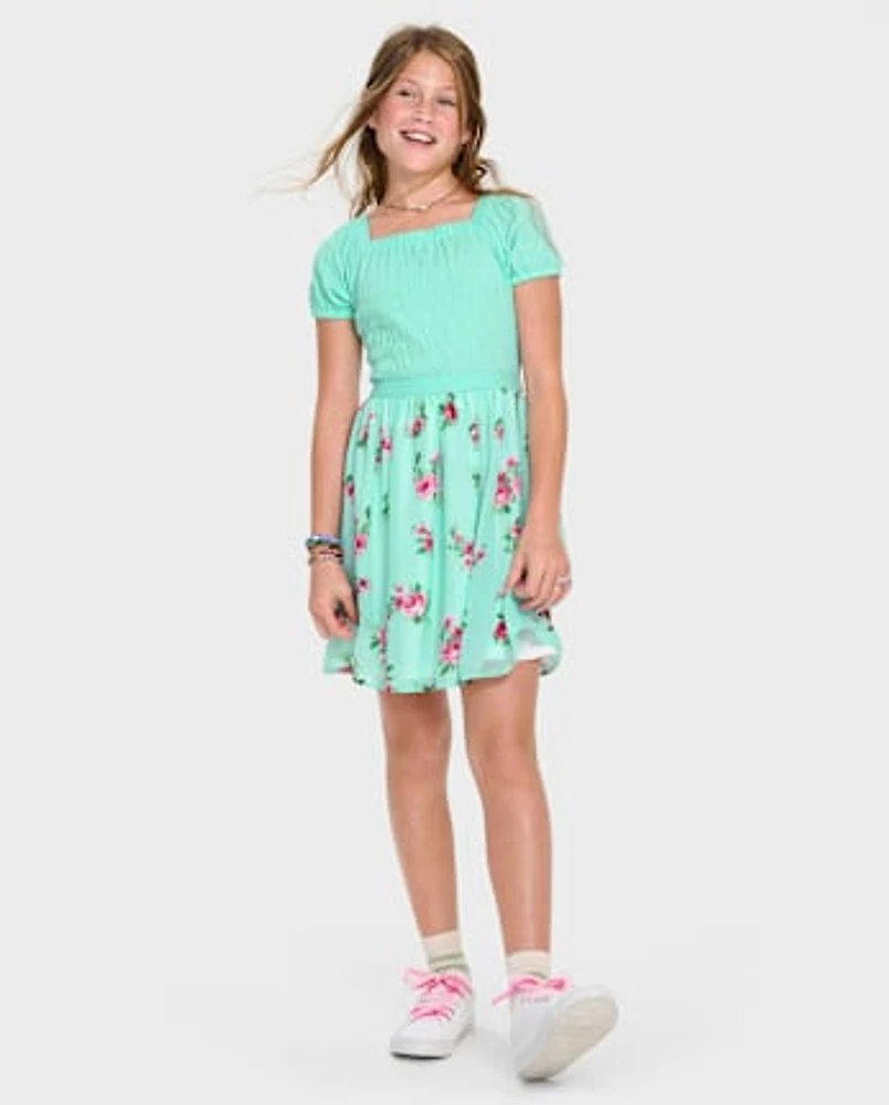 Girls Floral Smocked Fit And Flare Dress