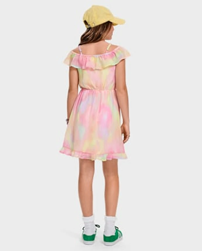 Girls Rainbow Tie Dye Off Shoulder Dress